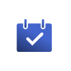 Blue calendar icon with a white check mark in the center, displayed on a white circular background.