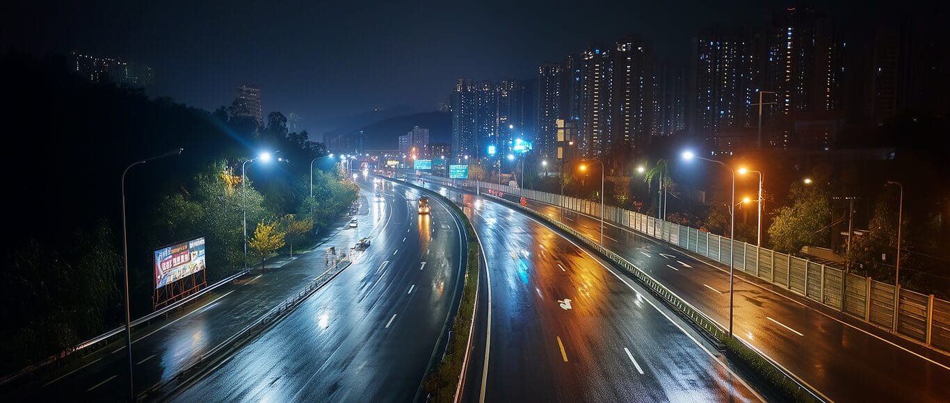 A wet, empty highway at night runs through a city with tall buildings and illuminated streetlights reflecting on the road surface.