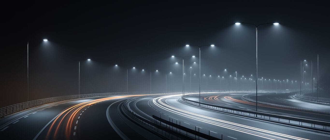 Curved multi-lane highway at night illuminated by streetlights, with light trails from moving vehicles indicating traffic flow.