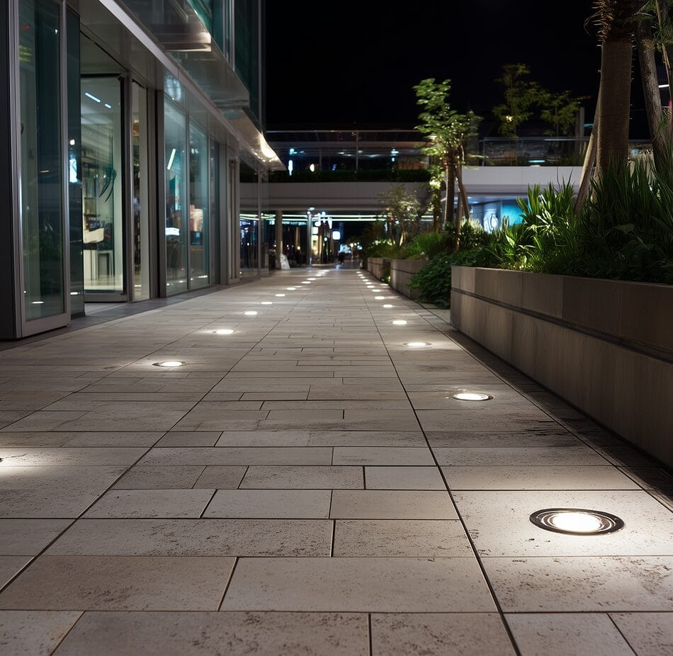 A modern outdoor walkway at night, lit by embedded circular lights, with plants and glass-walled buildings on both sides.