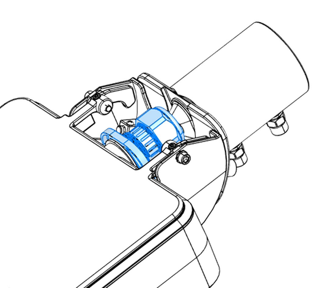 Technical diagram showing a detailed view of a mechanical component, highlighted in blue, integrated within a larger assembly.