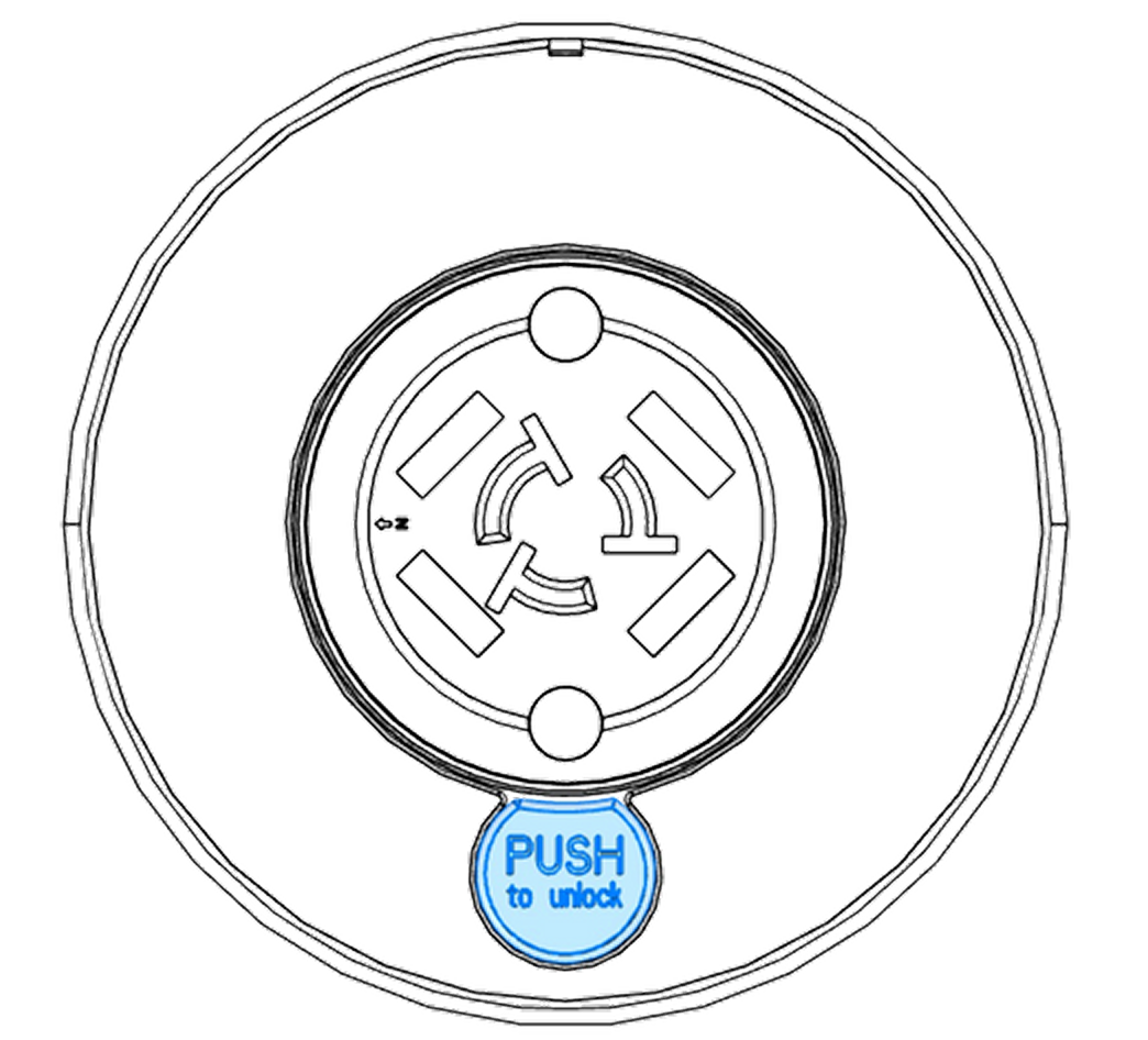 Circular wall-mounted smoke detector with a central button labeled "PUSH to unlock." Black lines show the design and structure of the device.