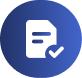 White document icon with lines and a checkmark on a blue circular background.