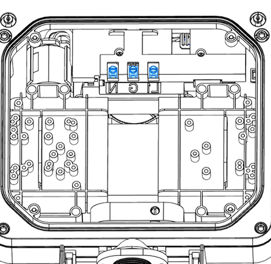 Technical diagram of an electronic enclosure with three blue relay components mounted inside, showing internal mounting points and wiring paths.