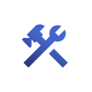 Blue wrench and hammer crossed over each other on a white circular background.