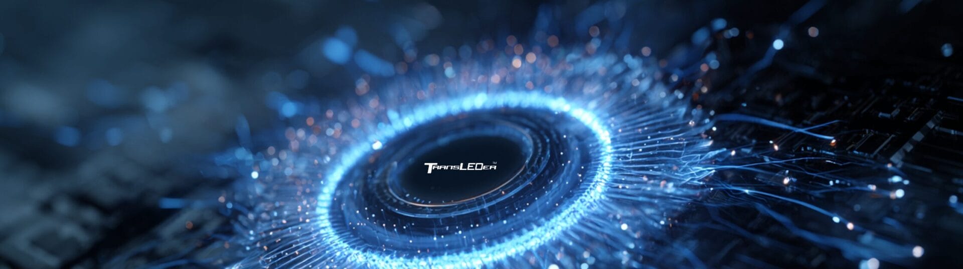 A circular digital interface with blue light effects radiates from the center, displaying the text "TravelLED.fr" in the middle.