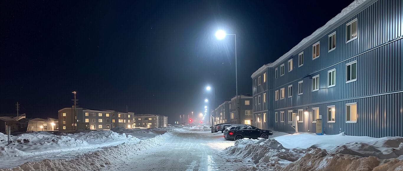 Snow-covered street at night, lined with parked cars and multi-story buildings illuminated by streetlights.