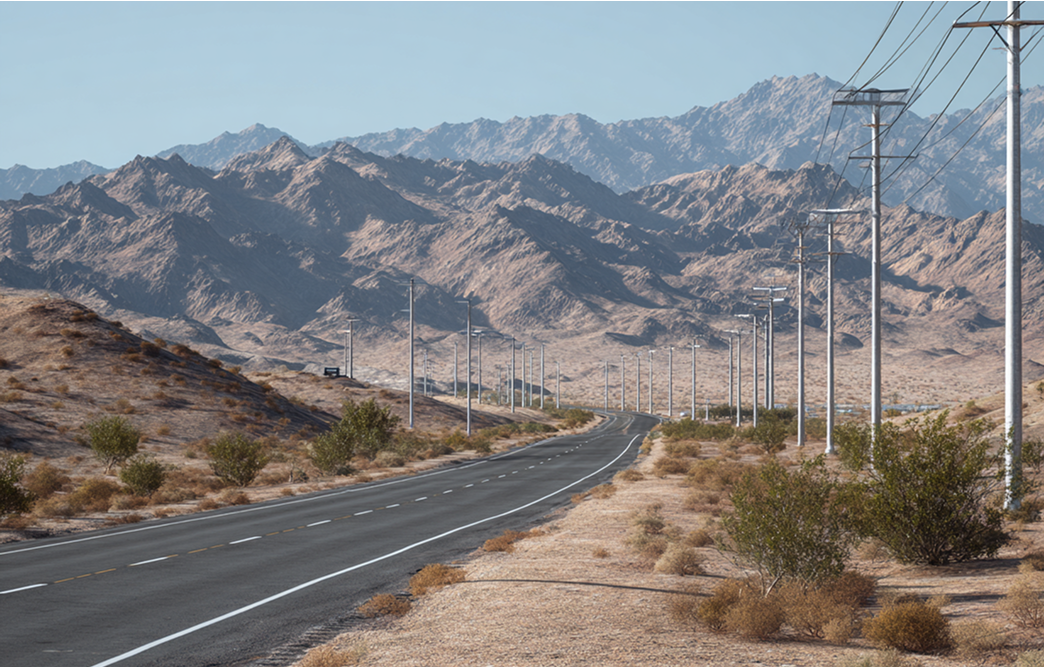 A paved road with power lines runs through a dry, desert landscape with scattered shrubs and rugged, sunlit mountains in the background.