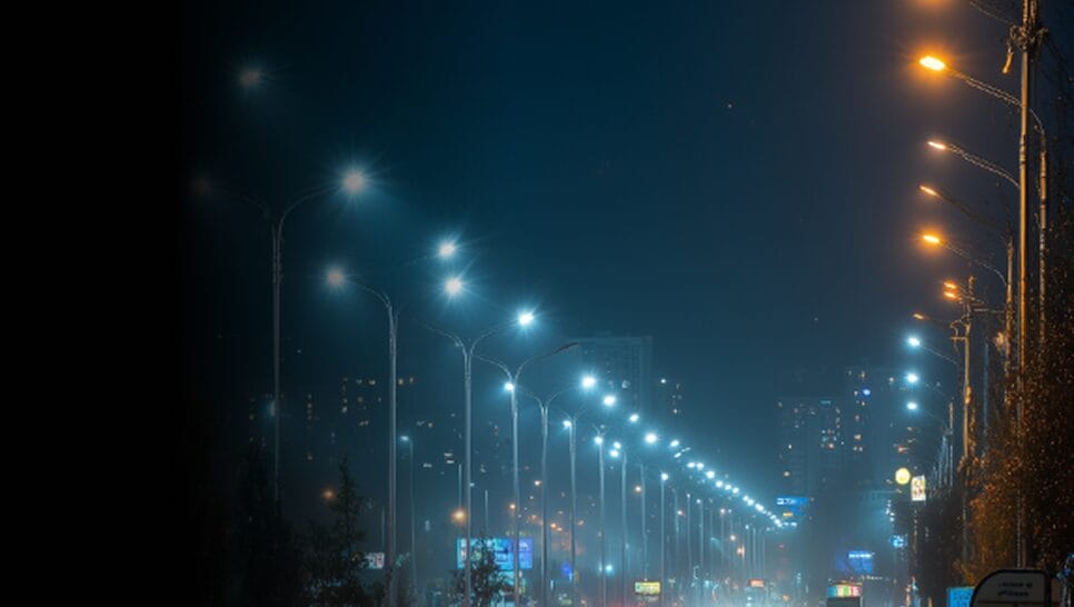 A city street at night with rows of streetlights; lights on the left are white, and lights on the right are orange, with buildings visible in the background.